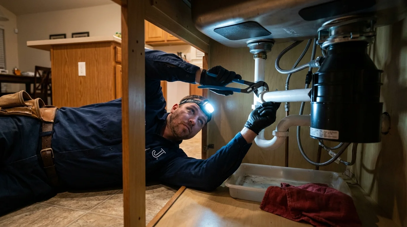 P-trap and supply line connections under a kitchen sink showing a common leak point in Bishop, CA